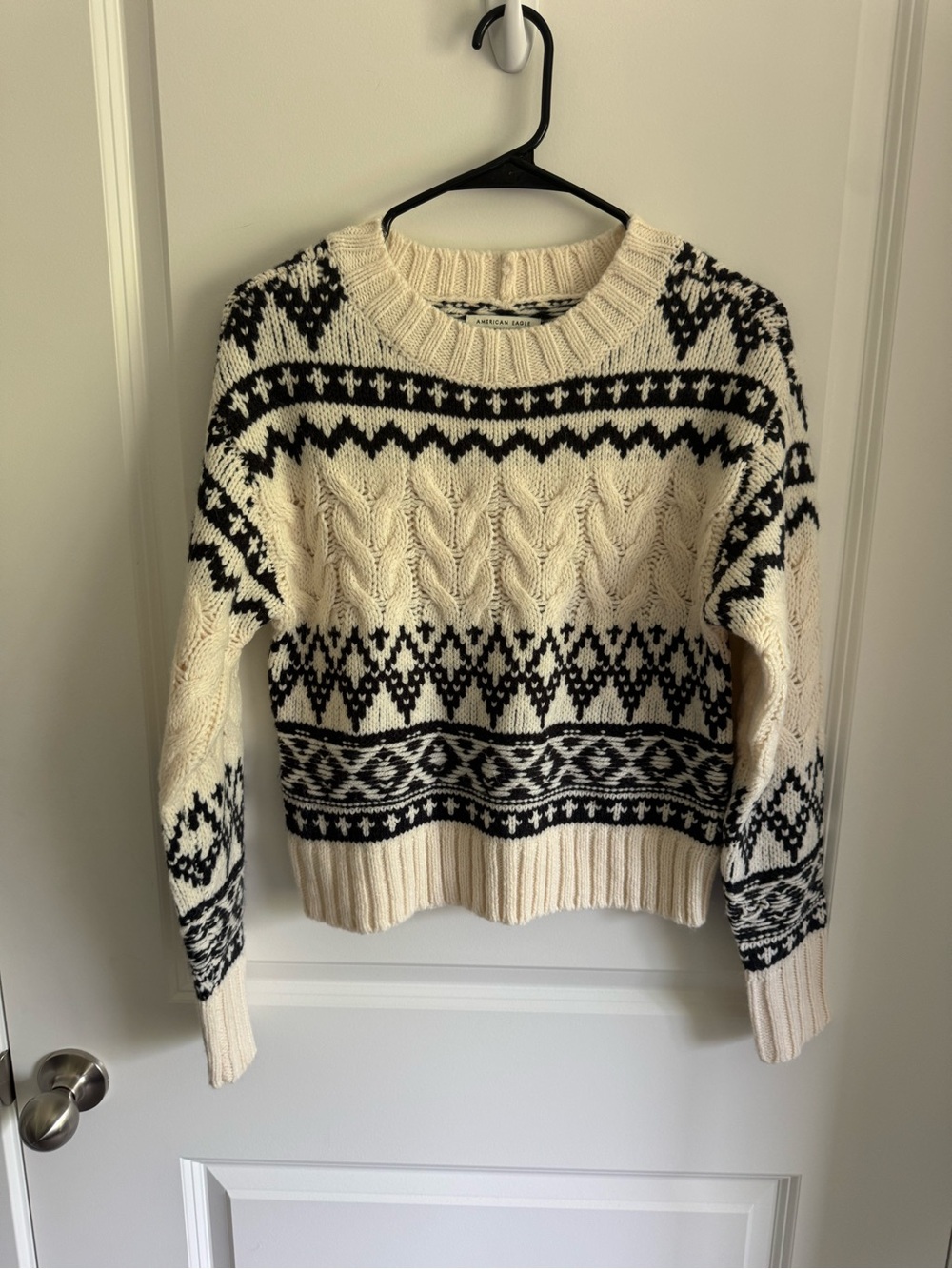 American Eagle Outfitters Cream & Black Cable-Knit Fair Isle Sweater